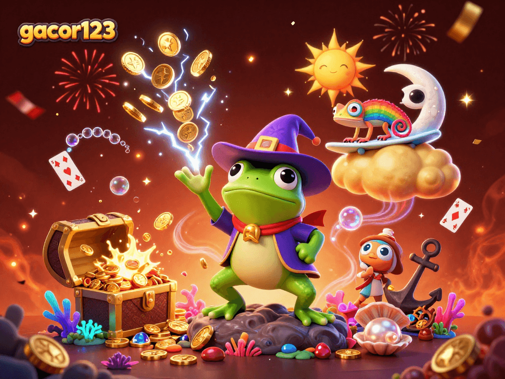 Experience the thrill of winning with gacor123's vibrant gaming scene featuring golden coins and festive elements.