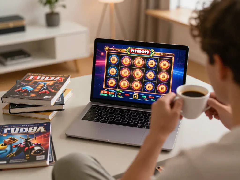 Player enjoying n188's online slot games on their laptop from a cozy home setting