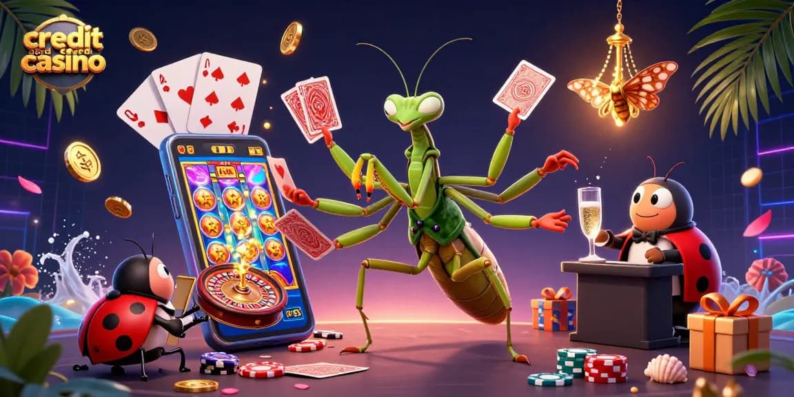 Engage in a credit card casino experience featuring a card-sharp mantis and ladybug pit boss.