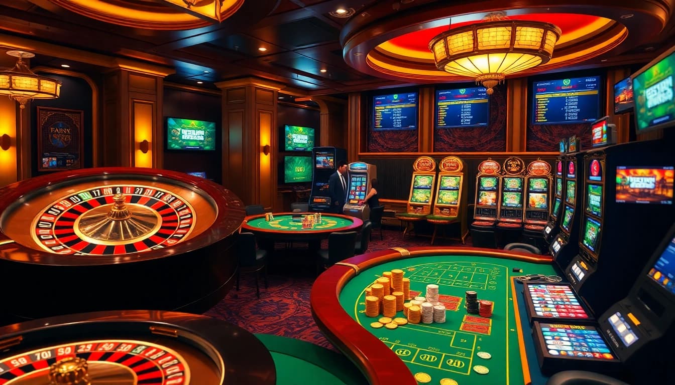 S8 casino players engaged in exciting games at a vibrant roulette table and slot machines.