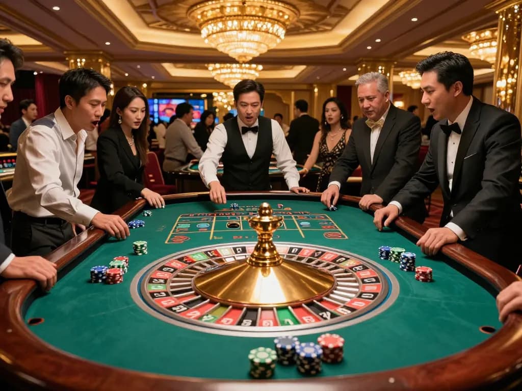LV88 roulette table scene with players engaged and excited atmosphere