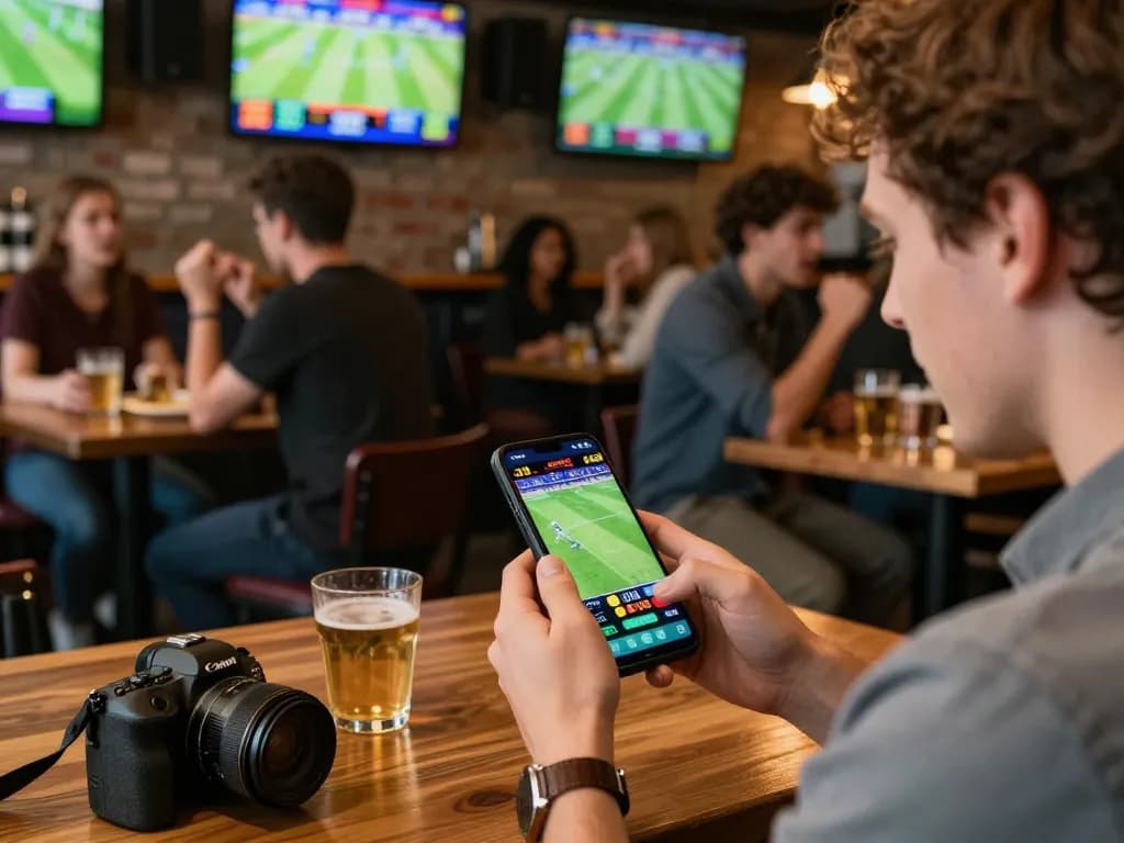 Placing a live bet on jagoan86 while enjoying sports at a lively bar filled with energy.