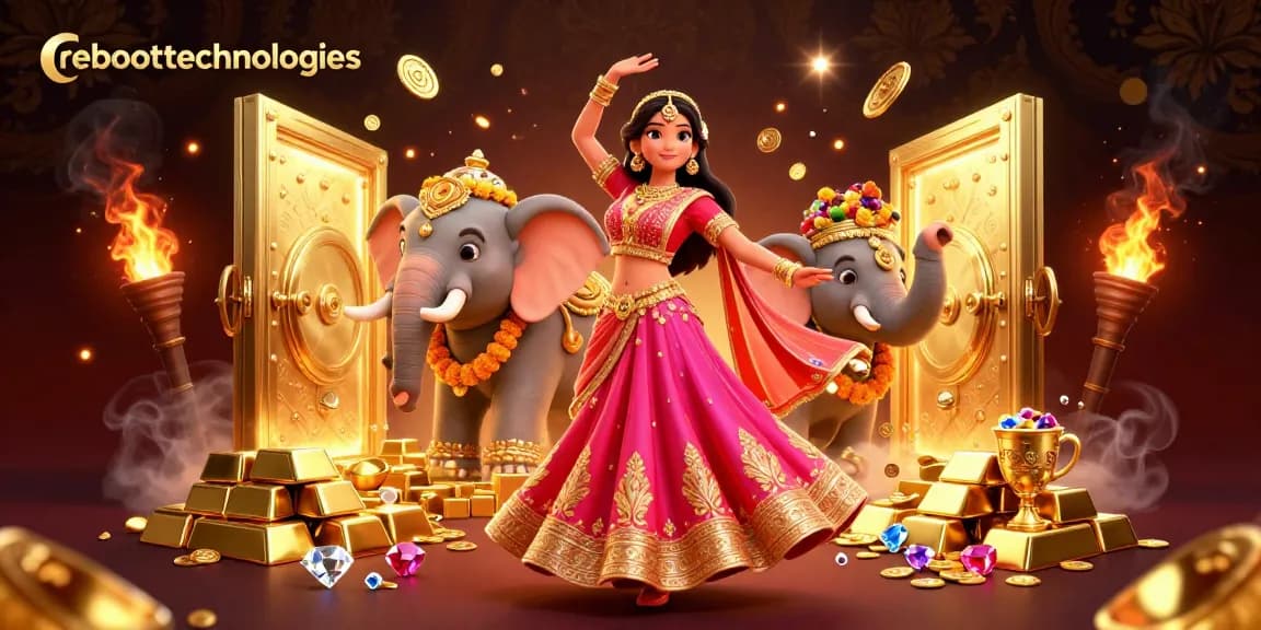 Spin with excitement at reboottechnologies’ vibrant casino scene featuring gold treasures and a joyous dance.