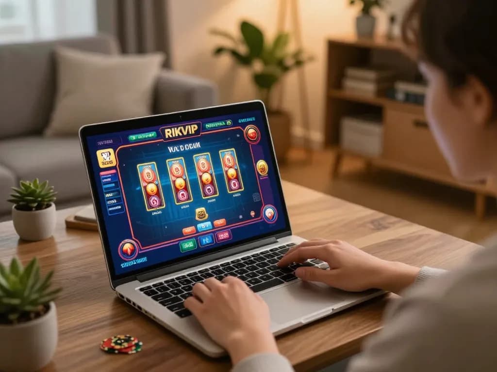 Playing RIKVIP casino games on a laptop in a cozy home setup with warm ambient lighting.