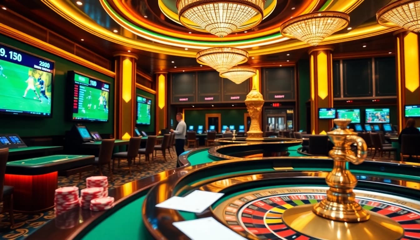 Engaging Judi Piala Dunia betting scene with roulette wheels and live sports screens.