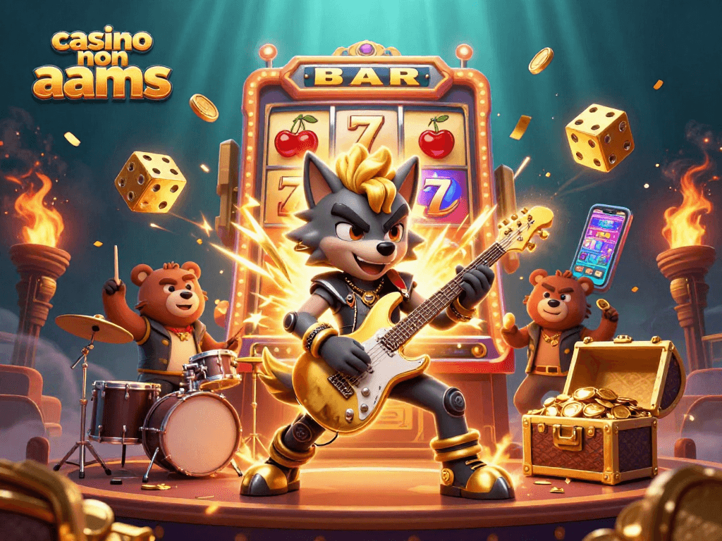 Scopri il divertimento dei casino non AAMS con un lupo rockstar e frizzanti simboli di jackpot.