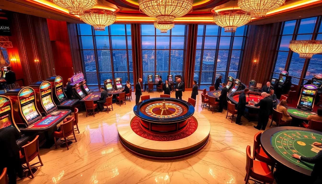 SODO-themed casino scene with roulette, poker tables, and vibrant slot machines.