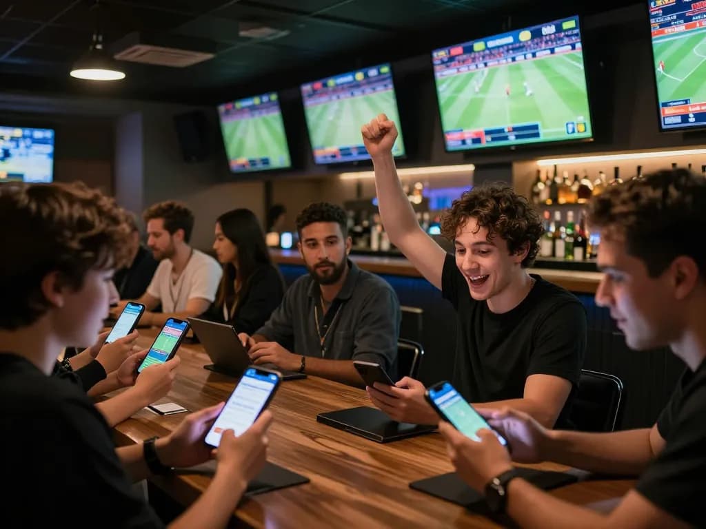 Engaged bettors using their devices on trang cá độ bóng đá in a lively sports bar environment while following live games.