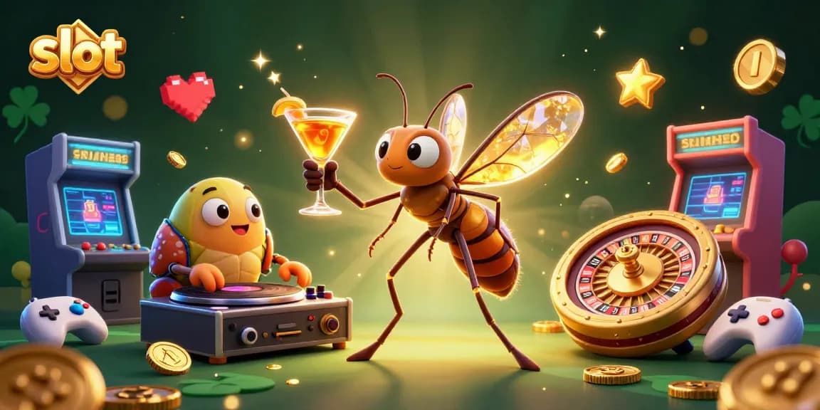 Permainan slot yang menarik bersama karakter kasino 3D, mesin arcade berwarna-warni, dan elemen keberuntungan yang berkedip.