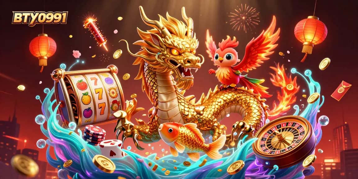 Engage with BTY0991 through this vibrant 3D illustration of a dragon and phoenix in a dynamic casino scene.