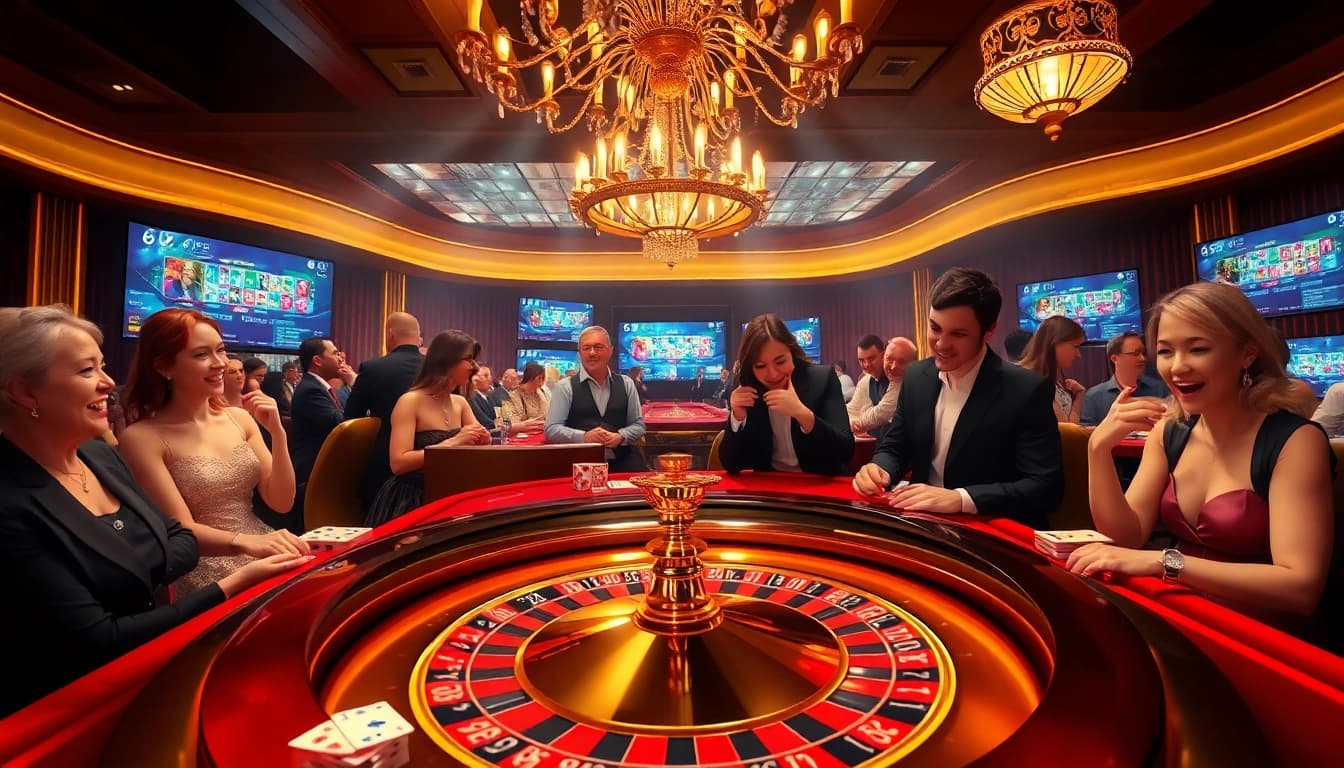 Experience the thrill of 68VIP featuring a luxurious casino environment with vibrant gaming tables and excited players.