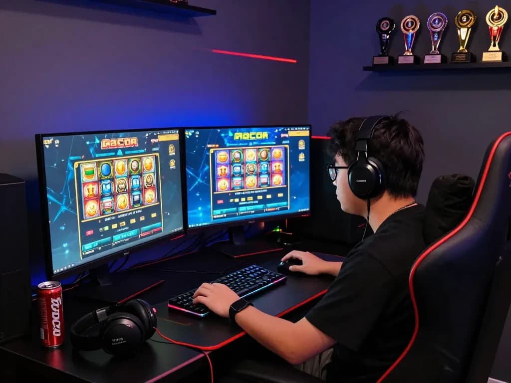 Pemain menikmati permainan slot gacor yang mendebarkan dalam pengaturan permainan yang terang benderang dengan lampu berwarna-warni dan konsentrasi yang fokus.