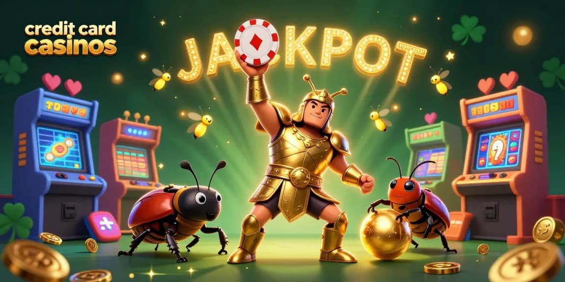 Experience thrilling action at credit card casinos with vibrant gaming elements and a jackpot celebration scene.