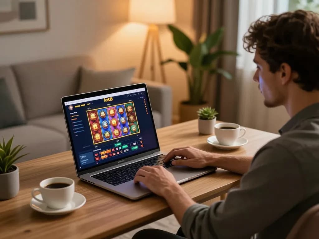 Enjoying a thrilling experience at lc88 online casino with spinning slot reels on a laptop