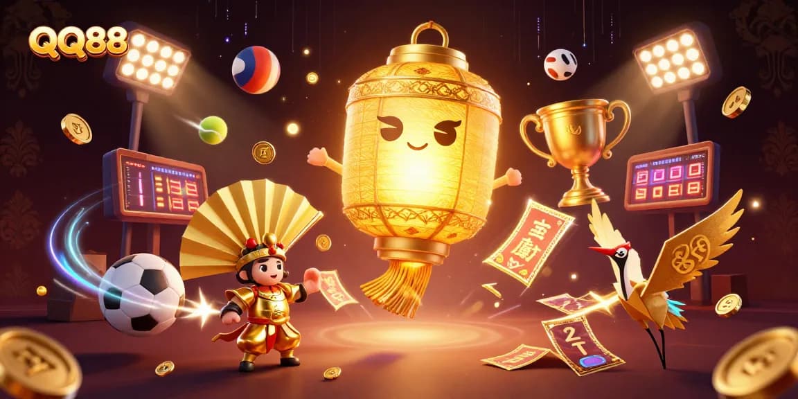 Engage in thrilling gameplay at QQ888 with a luminous golden lantern spirit and dynamic sports elements.