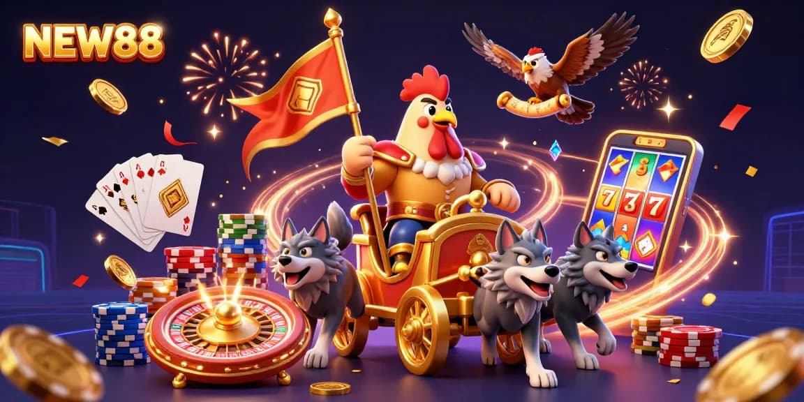 Experience the thrilling world of NEW88 with a vibrant 3D casino scene bursting with golden coins and dynamic gaming elements.