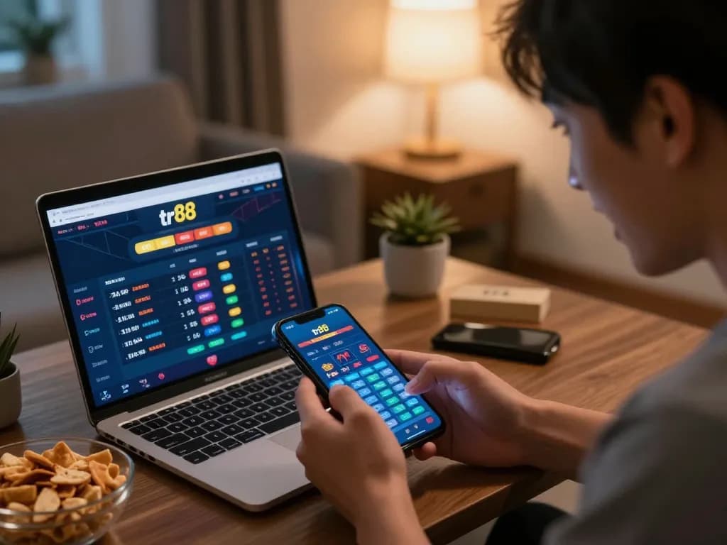 Engaging in tr88 bet mobile betting action in a comfortable home setting while enjoying snacks.