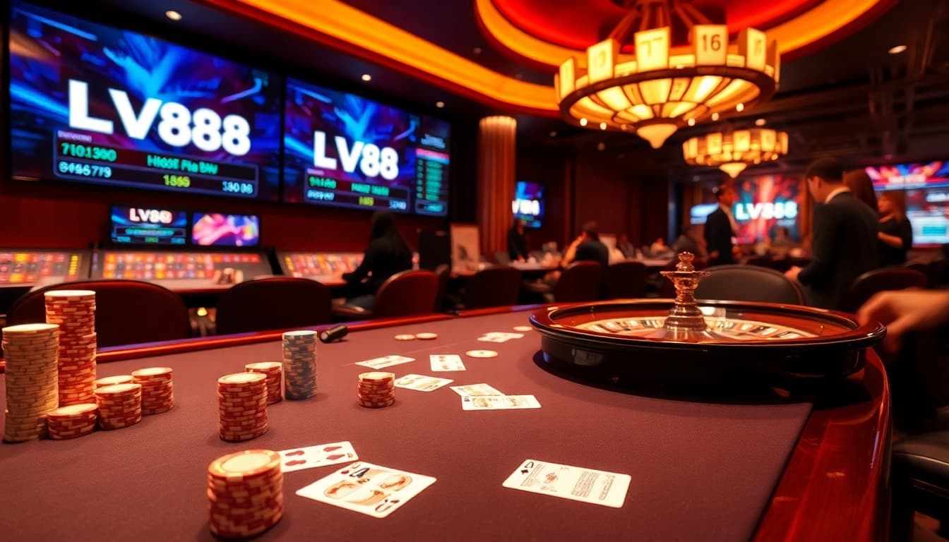 Gambling excitement at the LV88 casino table with vibrant chips and a roulette wheel.