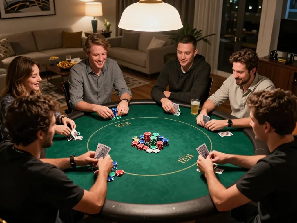 Engaging home poker night scene showcasing friends playing Texas Hold'em with chips and cards, highlighting slot89 strategies.