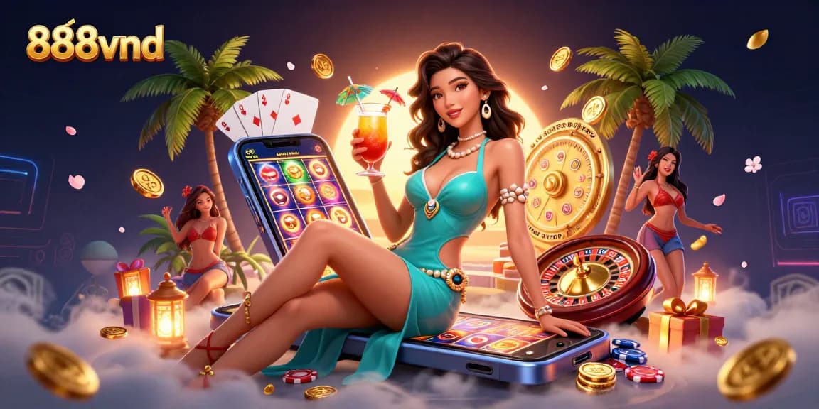 Play thrilling games with 888vnd, surrounded by vibrant slots, cards, and golden prizes.