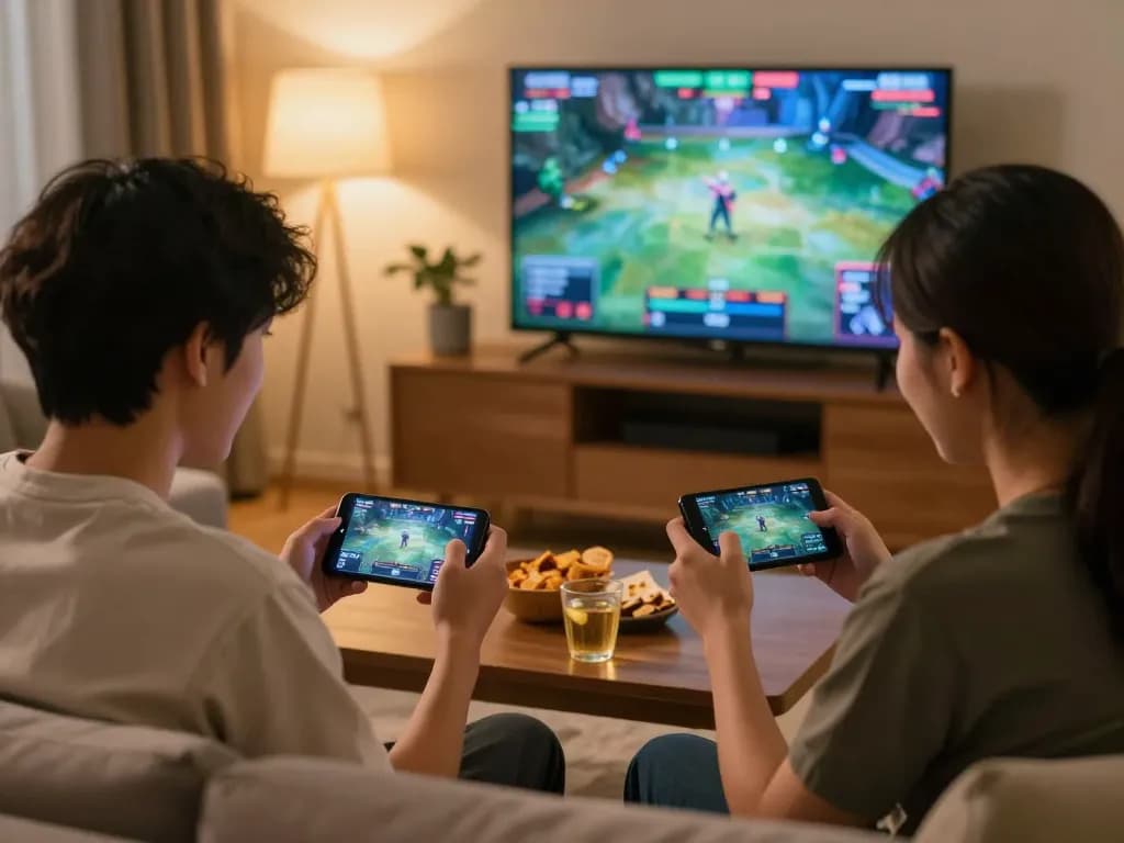 Friends enjoying esports betting singapore on mobile devices in a cozy living room, showcasing strategic gameplay.