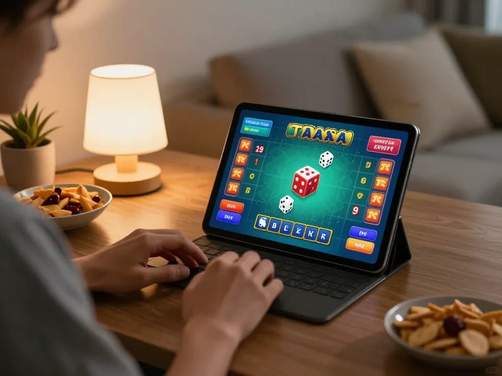 Tận hưởng Tài Xỉu online at home with a dynamic gaming setup, engaging with the game interface.