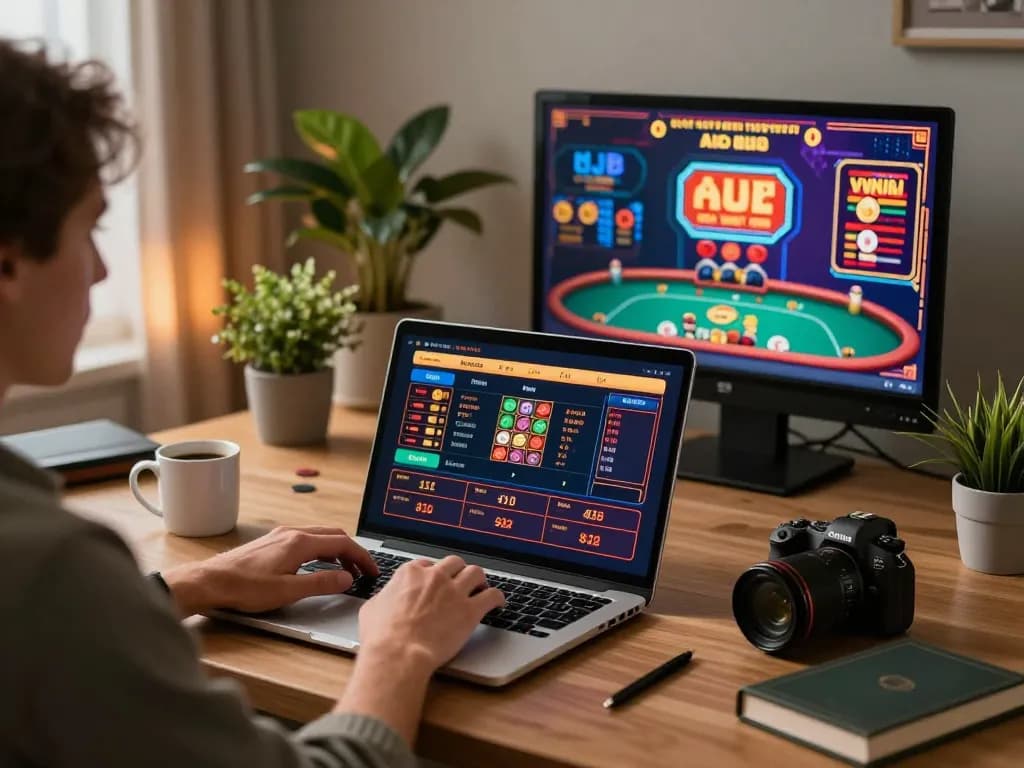 Player analyzing betting odds on uu88 laptop in a modern home office setup.