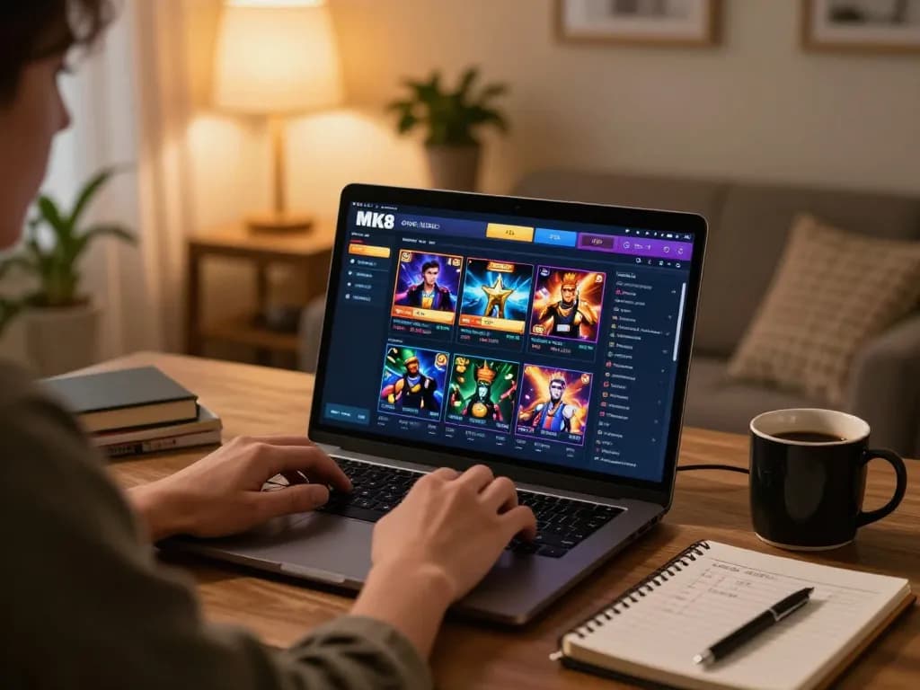Player strategizing bets on MK8's online casino at home, highlighting engagement and comfort.