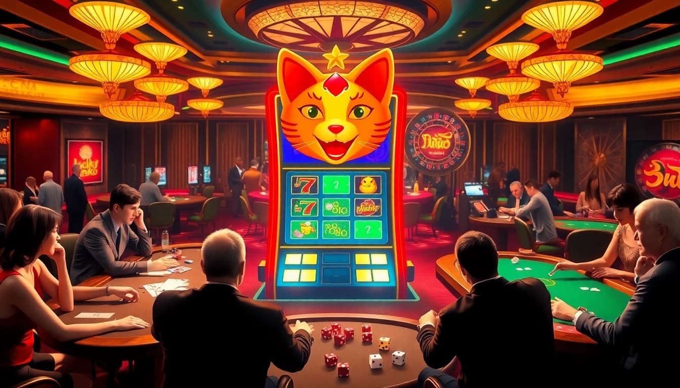 Players enjoying the Lucky Neko PG slot Thailand game in a luxurious casino atmosphere.