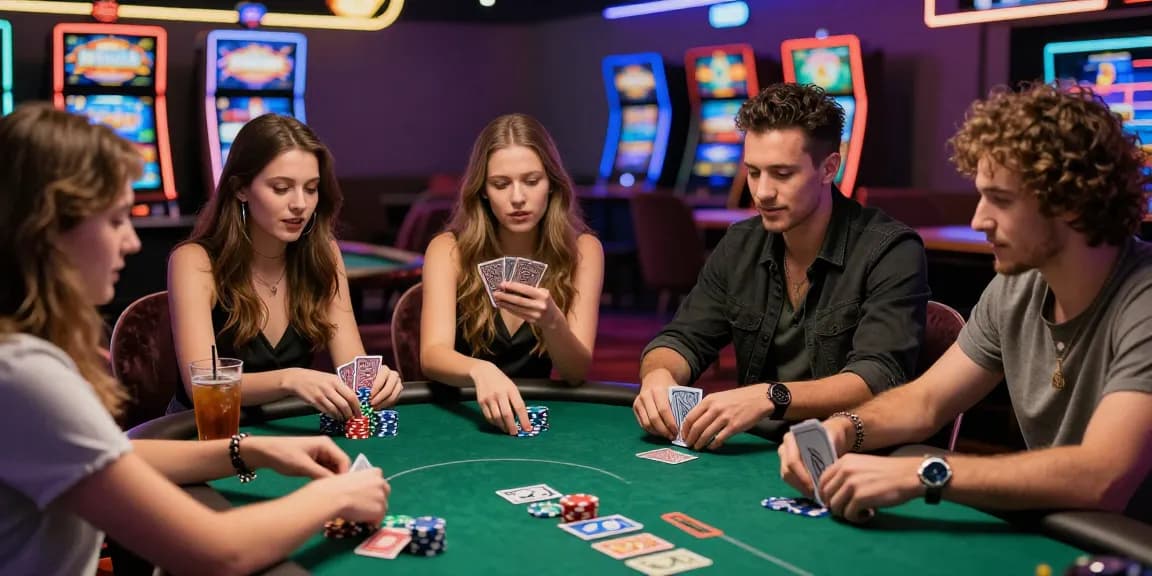 Friends enjoying fun88thaimeth poker night at a lively casino table.