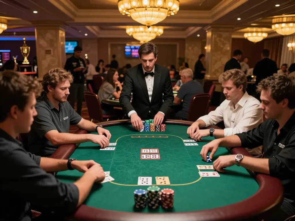 Players strategizing in an intense kkwin poker game surrounded by vibrant casino atmosphere.