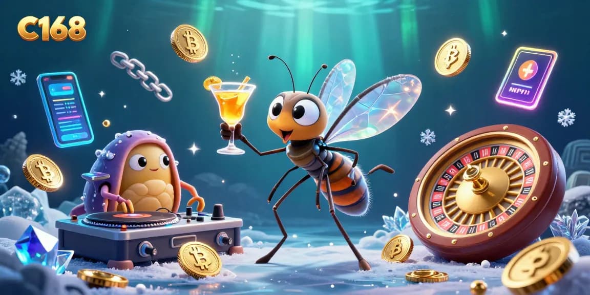 Bet to win with C168 featuring a lively casino scene with crypto elements.