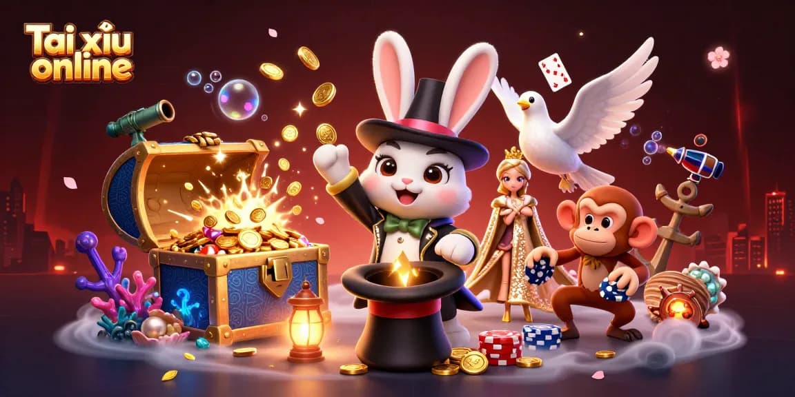 Engage in Tài xỉu online with exciting characters like a magician rabbit, dove, and monkey amidst a vibrant casino scene.