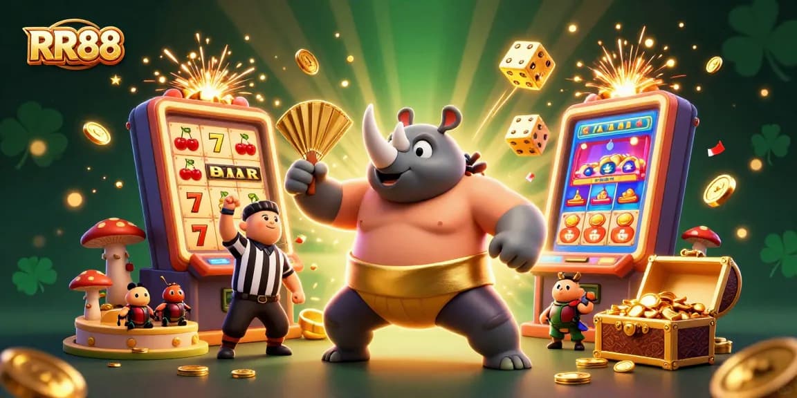 Experience the excitement of RR88 with a vibrant slot machine bursting coins in a thrilling gaming showdown.