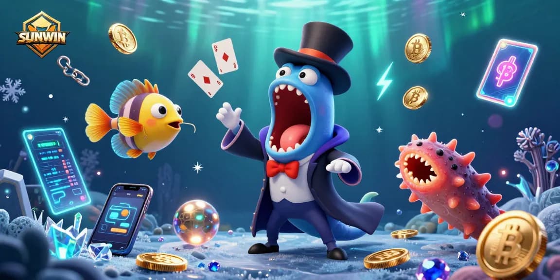 SUNWIN players enjoy a vibrant casino experience with a bioluminescent gulper eel performing magic tricks.