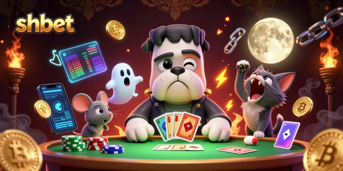 Shbet players enjoying a lively game atmosphere with a cartoon bulldog dealer and ghost mouse at a vibrant casino table.
