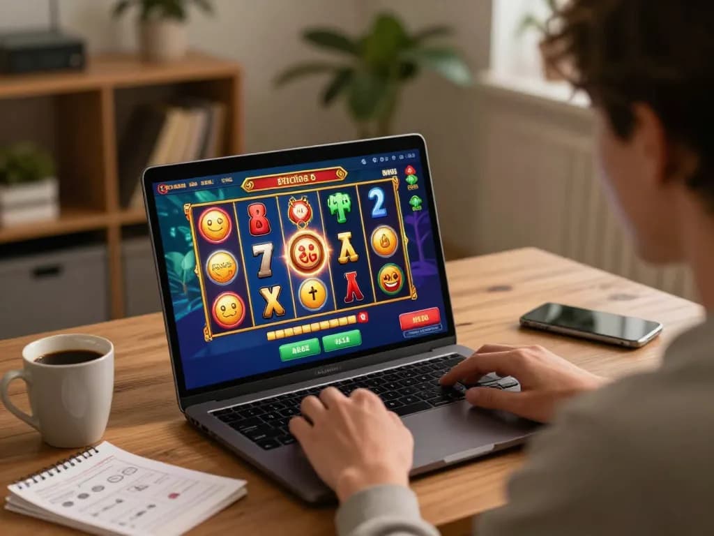 Player exploring aman788 online slots with vibrant reels at home, cozy gaming environment.