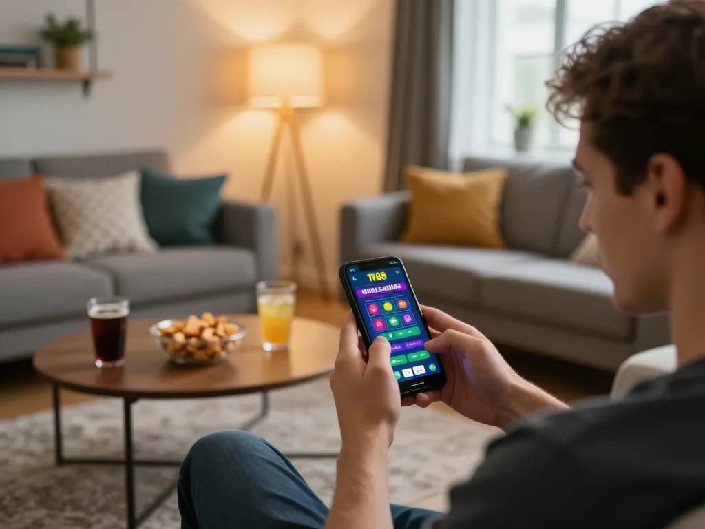 Engaged player using Tr88 mobile app in a cozy living room setting, highlighting responsible gambling.