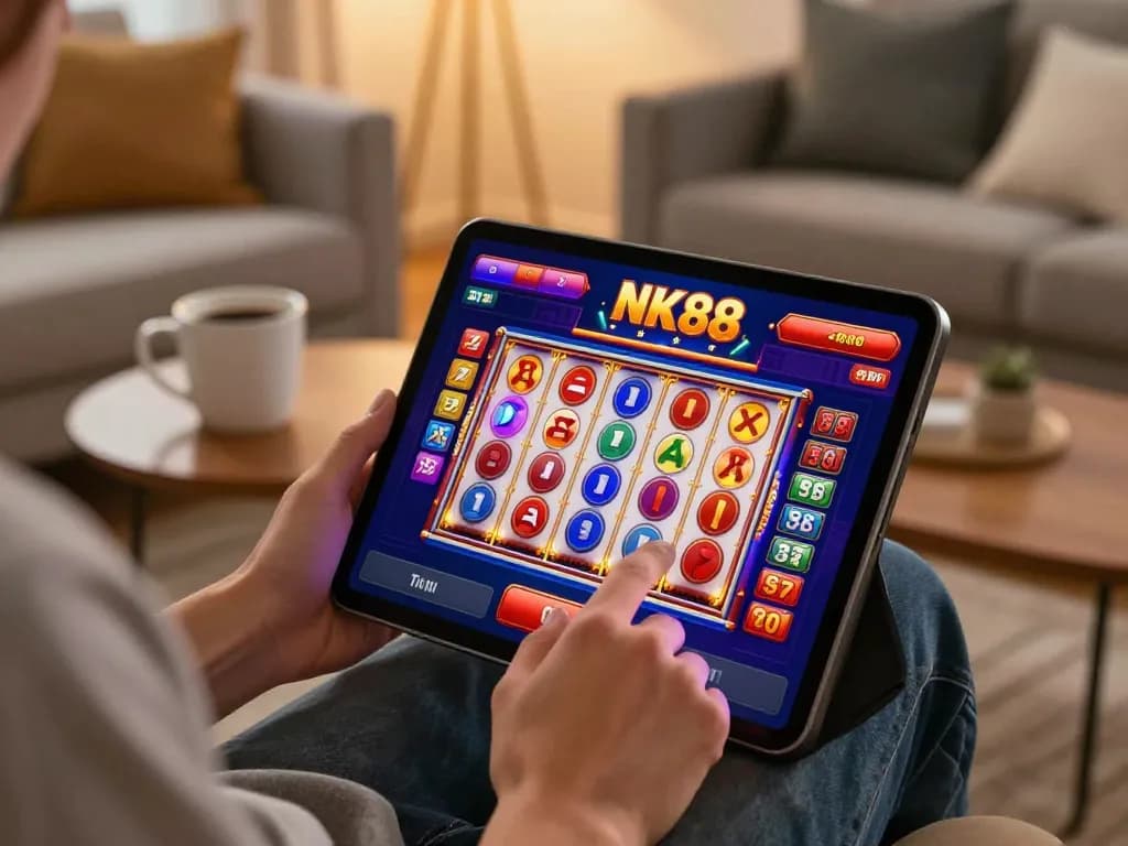 Engaging online player at home enjoying NK88's slot games on a tablet.