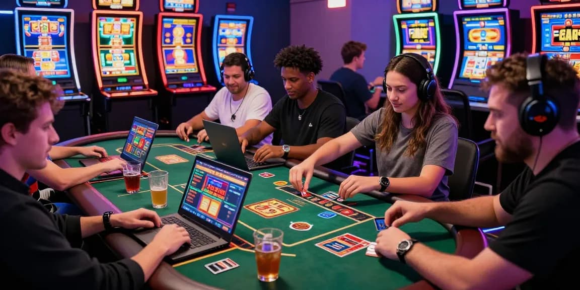 Exciting players engaging at a credit card casino, vibrant slots and gaming tables illuminated.