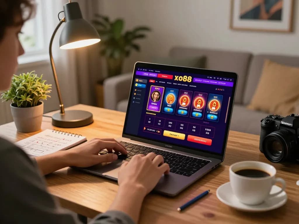 Player engaging with xo88 casino platform at home, showcasing vibrant online gambling atmosphere.
