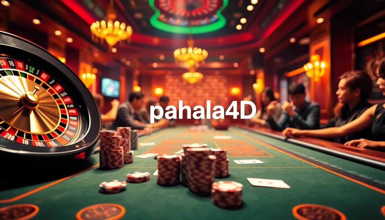 Pahala4d players enjoying a luxurious casino atmosphere with vibrant gaming tables and roulette.