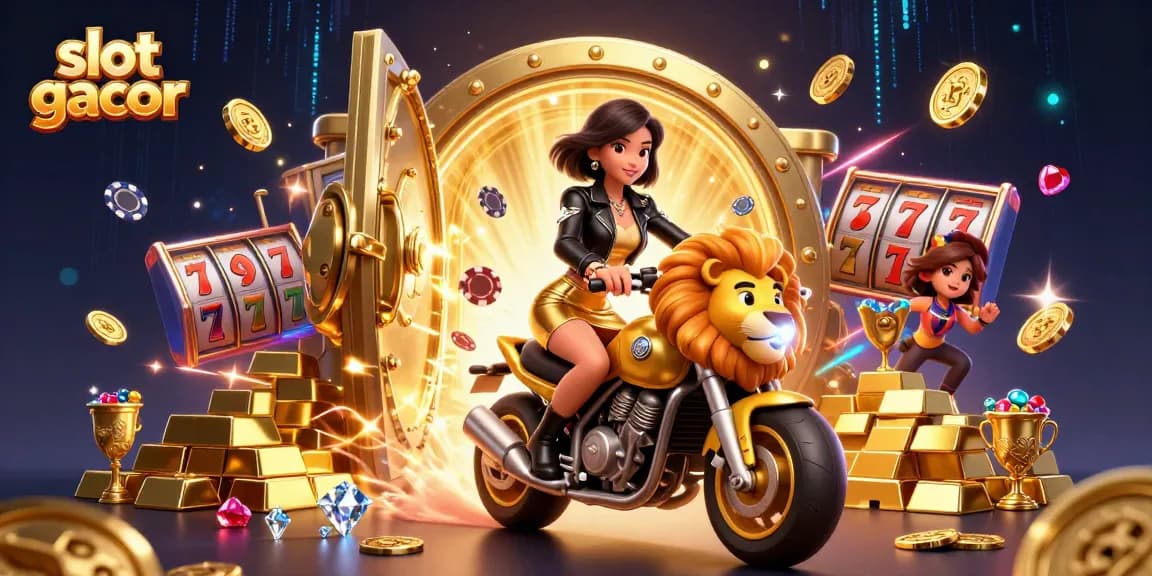 Engage with slot gacor action in a dazzling scene filled with treasures and vibrant casino elements.