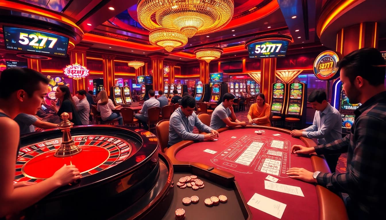 Experience the thrill of 5Z777 casino gaming with vibrant tables, chips, and players in action.