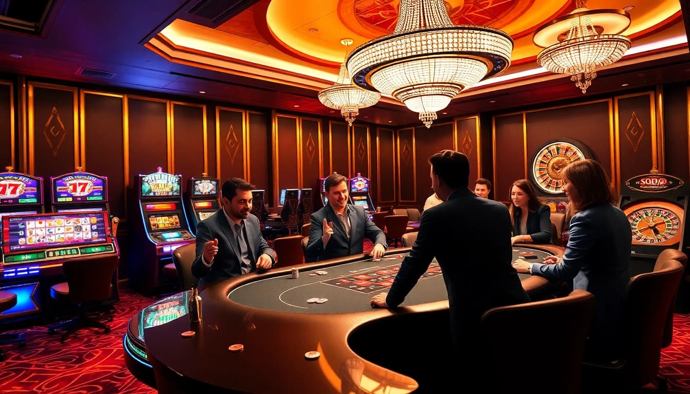 SODO CASINO thrilling poker game scene with enthusiastic players, vibrant colors, and luxurious atmosphere.