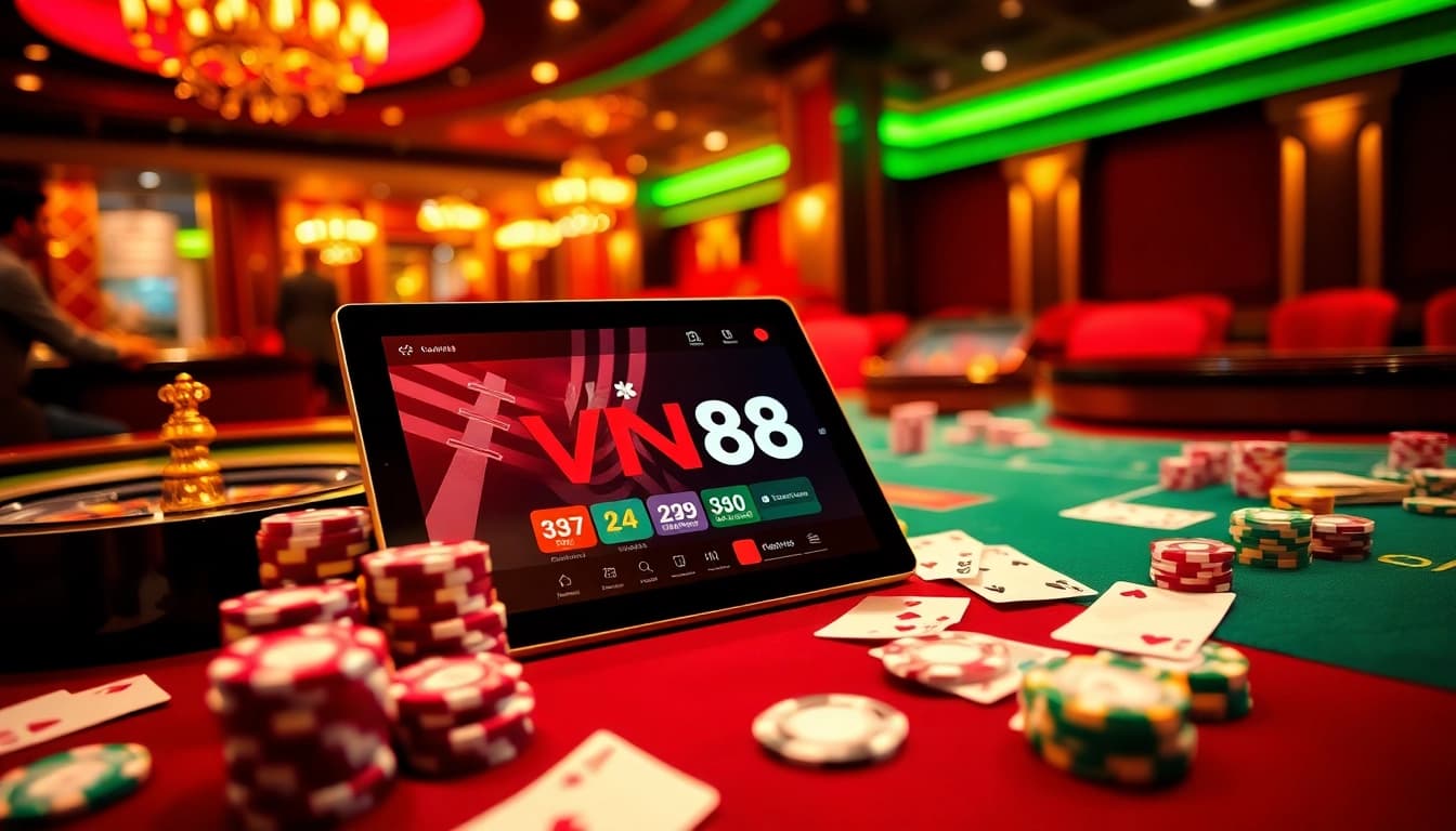 Bet with VN88 at a modern casino table featuring poker chips and vibrant gambling elements.