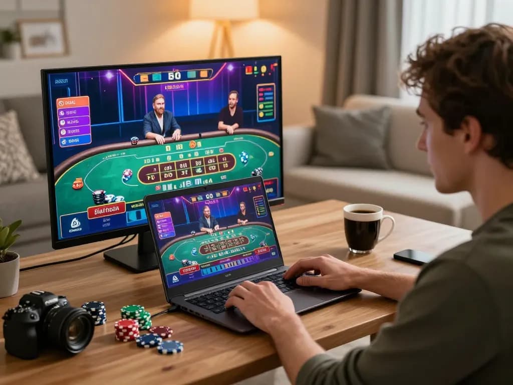 Engaging in a live dealer baccarat game on lc88 with an online gaming setup.