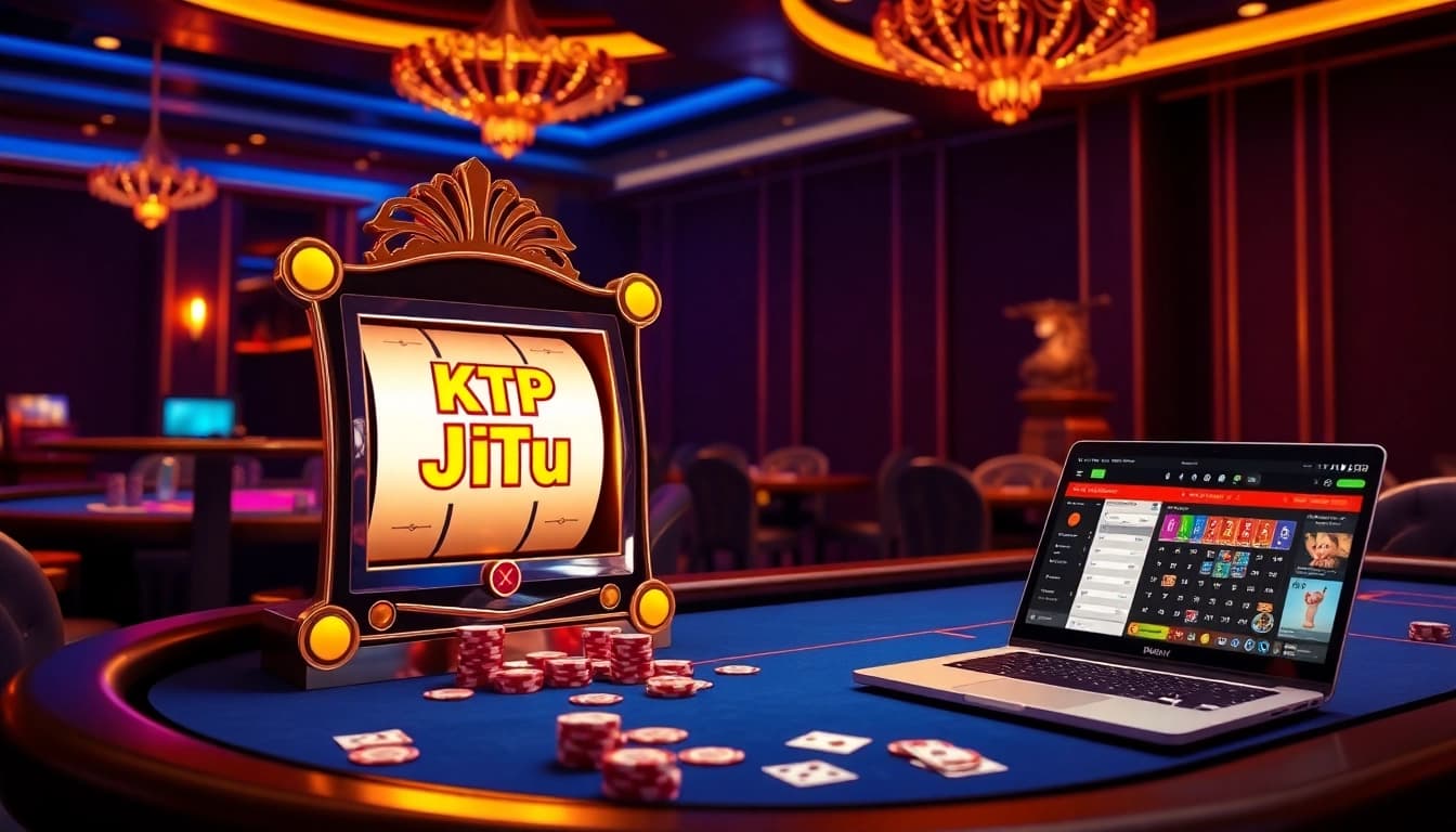 KTP Jitu slot machine spinning with vibrant colors and gambling elements at a luxurious casino.