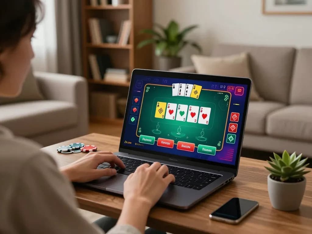 PHDREAM6268 user enjoying an online poker game on a laptop in a cozy home setting, reflecting responsible gaming.
