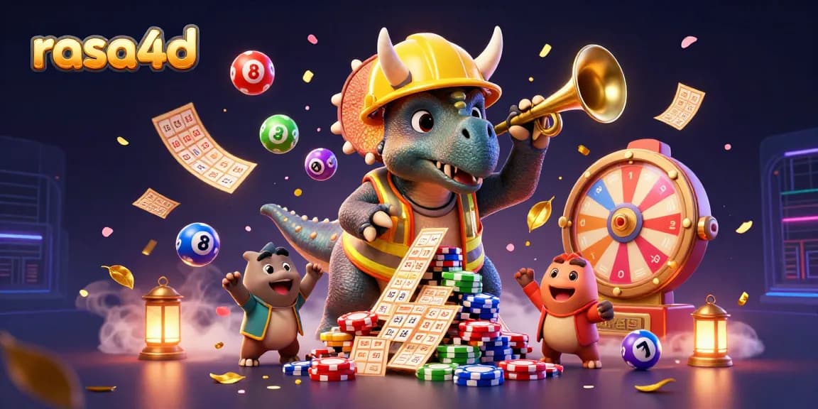 rasa4d merayakan kemenangan dengan karakter dinosaurus dalam suasana kasino yang meriah
